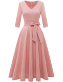 1 x RAW Customer Returns Bbonlinedress Rockabilly Dresses Women 3 4 Sleeve V-Neck Midi Dresses Long Sleeve Formal Dresses for Wedding Vintage Cocktail Dress Blush 2XL - RRP €42.99