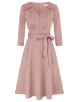 2 x RAW Customer Returns Belle Poque Women s Dress Vintage 3 4 Sleeve Knee-Length V-Neck Party Dress with Belt Cocktail Leisure Pink S - RRP €78.34