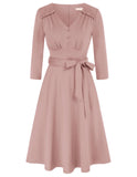 2 x RAW Customer Returns Belle Poque Women s Dress Vintage 3 4 Sleeve Knee-Length V-Neck Party Dress with Belt Cocktail Leisure Pink S - RRP €78.34