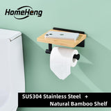 1 x RAW Customer Returns HomeHeng toilet paper holder with natural bamboo shelf toilet paper holder stainless steel no drilling toilet roll holder self-adhesive or wall-mounted, matt black H98903MB - RRP €23.99