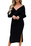 1 x RAW Customer Returns Viottiset Women s Elegant Knitted Dresses with V-Neck Batwing Sleeve Backless Slit Maxi Dress with Belt Black L - RRP €30.91