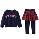 1 x RAW Customer Returns amropi Girls Long Leggings Tights with Skirt and Long Sleeve Pullover Sweatshirt Tops 2 Piece Outfit Clothing Set Navy Blue, 5-6 Years  - RRP €44.24