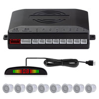 1 x RAW Customer Returns Parking aid with 8 front rear parking sensors with buzzer LED display 8 sensors, silver  - RRP €26.21