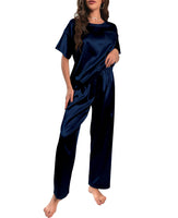 1 x RAW Customer Returns Nanxson Women s Satin Pajama Set Two Piece Sleepwear Short Sleeve Pajamas with Long Pant for Soft Pajamas Bedding S,Navy  - RRP €24.58