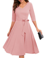 1 x RAW Customer Returns Bbonlinedress Rockabilly Dresses Women 3 4 Sleeve V-Neck Midi Dresses Long Sleeve Formal Dresses for Wedding Vintage Cocktail Dress Blush 2XL - RRP €42.99