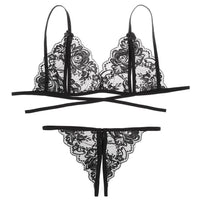 1 x Brand New HOTSO women s lingerie set lace lingerie set erotic bra and panties set halter underwear set women v-neck lingerie, black - RRP €27.6