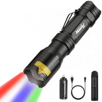 1 x RAW Customer Returns Alonefire X004 4 Color Powerful Multi-Color LED Flashlight Rechargeable Red Green Blue White Waterproof Zoomable Torch with Lithium Battery, Charger for Camping Hiking Military - RRP €24.99