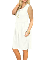 1 x Brand New AUSELILY women s sleeveless pleated loose swing leisure dress with knee-length pockets white, L  - RRP €19.99