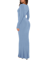 1 x RAW Customer Returns REORIA Women s Sexy Scoop Neck Long Sleeve Lounge Long Dress Ribbed Bodycon Maxi Dresses Blue L - RRP €38.12