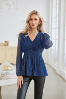 1 x RAW Customer Returns Women s Sequin Top Long Sleeve V-Neck Glitter Party A-Line Tops Festive Outfit Navy Blue S - RRP €36.29