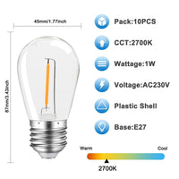 1 x RAW Customer Returns MZYOYO S14 1W E27 LED, E27 LED vintage Edison light bulb, 1W LED filament lamp, LED light bulb E27, for S14 outdoor LED fairy lights, 2700K warm white, not dimmable, for party, Christmas, plastic, pack of 10 - RRP €15.98