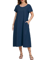 1 x RAW Customer Returns TOMEEK Women s Summer Dresses Short Sleeve Long Women s Dress Plus Size Round Neck with Pockets Casual Beach Dress Women s Shirt Dress Navy Blue, XL  - RRP €21.6