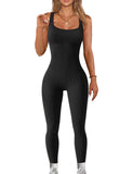 1 x RAW Customer Returns TOMEEK Tight Yoga Jumpsuit Women s Sexy One Piece Sleeveless Sports Jumpsuit Black Tight Ribbed Knit Jumpsuit Elastic Yoga and Fitness Overalls, Black, Size L - RRP €29.99