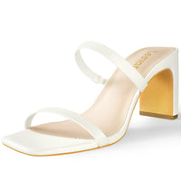 1 x RAW Customer Returns Leevar Square Toe Sandals - White Black Nude Heels Chunky Two Strap Low Heels for Women Leather Mules Slip On Block Heels - RRP €60.0