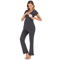 1 x RAW Customer Returns rismart Two Piece Maternity Pajamas Women s Nightgown Nursing Short Sleeves Tops and Pants Set Dark Grey,XL  - RRP €26.38