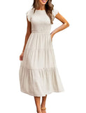 1 x RAW Customer Returns Yuson Girl Dress Women s Summer Dress Long Casual Round Neck Flutter Sleeve Maxi Dresses Summer Knee-Length Beach Dress Elastic Waist Long Dresses Tiered Ruffle A Line Dress White, M  - RRP €41.49