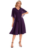 1 x RAW Customer Returns DRESSTELLS Women s Festive Dresses Evening Dress Plus Size Chiffon Cape Elegant Cocktail Dress Wedding V-Neck Knee-Length A-Line Large Size Dress Grape L - RRP €52.99