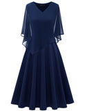 1 x RAW Customer Returns DRESSTELLS Women Plus Size Bridesmaid Dresses Chiffon Cape Elegant Cocktail Dress Wedding Evening Dress V-Neck Knee Length A-Line Summer Dress Navy 2XL - RRP €52.99