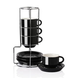 1 x RAW Customer Returns Sweejar Home Porcelain Espresso Cups with Saucers, 70 ml Stackable Cappuccino Cups with Metal Stand for Coffee Drinks, Latte, Tea - Set of 4 Black  - RRP €27.22