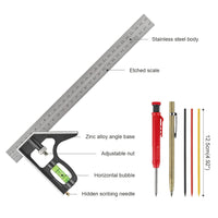 1 x RAW Customer Returns Carpenter s Square Kit, 180mm Metal Square 300mm Combination Square Carpenter s Pencil with 12 Refills Tungsten Carbide Scribe - Carpenters Squares for Measuring - RRP €22.9