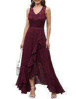 1 x RAW Customer Returns Meetjen Cocktail Dresses Elegant for Wedding Guest V-Neck Long Chiffon Lace Dress Prom Dress Sleeveless Burgundy 2XL - RRP €54.99