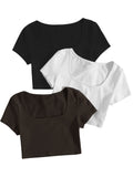 1 x RAW Customer Returns GORGLITTER Women s 3 Pack Crop T-Shirts Scoop Neck Crop Top Short Tops Basic Short Sleeve Shirts Black, White, Khaki M - RRP €35.99