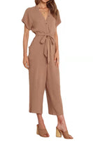 1 x Brand New Women s Casual Short Sleeve Button Up Elegant V-Neck Rompers with Wide Belt and Pockets, Khaki, L - RRP €27.99