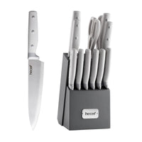 1 x RAW Customer Returns Knife block hecef professional knife set with wooden block 14 pieces Stainless Steel Kitchen Knife Sharp Set with Knife and Pink Handle Professional Chef s Knife Set with Scissors Steak Knife Knife Sharpener Grey  - RRP €59.0