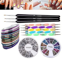 24 x Brand New Nail Art Accessories Set Kit With 5 Colorful Double Ended Dotting Tools Dotters Swirls, 3 Detailing Brushes, Discs With 2000 Silver Rhinestones Decorations Crystals Jewels And 10 Rolls Decorative Strips - RRP €432.0