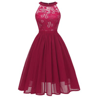 1 x Brand New Evening dresses elegant for wedding ladies 50s rockabilly halter neck swing lace chiffon dress festive graduation dress wedding dress cocktail dress Christmas New Year s Eve short party dress wine red S - RRP €39.99