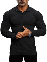 1 x RAW Customer Returns Lehmanlin Muscle Polo Shirts for Men Long Sleeve Stretch Slim Fit Cotton Golf T-Shirt Black L  - RRP €27.22