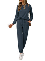 1 x RAW Customer Returns REORIA Women s Long Sleeve Round Neck Solid Color Two Piece Outfit Sweatshirt Jogger Tracksuit Set Sweatshirt and Sweatpants Navy Blue L - RRP €33.26