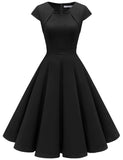 1 x RAW Customer Returns Homrain 1950s Vintage Retro Cocktail Dresses Women Short Sleeve Rockabilly Dresses Party Evening Dresses Swing Pleated Skirt Black XS - RRP €20.16