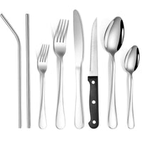 5 x Brand New YoBest cutlery set for 4 people, 34-piece stainless steel cutlery set with steak knife, dining cutlery set with spoon, knife, fork, drinking straws, stainless steel cutlery for home party restaurant, dishwasher safe - RRP €124.8