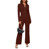 1 x RAW Customer Returns Women s Long Sleeve Jumpsuit Elegant Turn Down Collar Long Casual Jumpsuit Button Tops Straight Leg Pants Casual Pant Suit S-Brown  - RRP €37.39