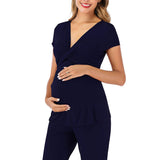 1 x RAW Customer Returns rismart Two Piece Maternity Pajamas Women s Nightgown Nursing Short Sleeves Tops and Pants Set Blue,M  - RRP €27.08