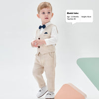 1 x RAW Customer Returns Volunboy Baby Suit Boys Suit Vest Shirt with Bow Tie for Festive Wedding Clothing Set 4pcs 3-4 Years, Khaki Plaid, Size 110  - RRP €42.95