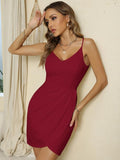 1 x RAW Customer Returns Missufe Summer Dress Elegant Cocktail Dress Party Dress Wrap Dress Women s Festive Mini Dress Bodycon Sleeveless Spaghetti Strap Dresses Burgundy, Small  - RRP €45.99