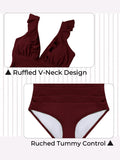 2 x Brand New Summer Mae Women s 1 Piece Swimsuit V Neck Ruffle Belly Control Monokini Wine Red M - RRP €67.96