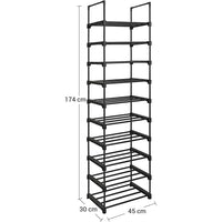 1 x RAW Customer Returns SONGMICS Shoe Rack with 10 Tiers, Open Shoe Cabinet, Narrow Shoe Rack, Metal Shoe Storage, Space Saving, for Dressing Room, Hallway, 30 x 45 x 174 cm, Black LSA25BK - RRP €25.99