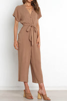 1 x Brand New Women s Casual Short Sleeve Button Up Elegant V-Neck Rompers with Wide Belt and Pockets, Khaki, L - RRP €27.99