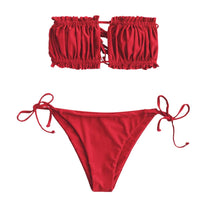 1 x RAW Customer Returns ZAFUL Women s Bikini Set, Off Shoulder Bandeau with Drawstring Ruffles High Cut Solid Color Swimwear Lava Red, M  - RRP €36.29