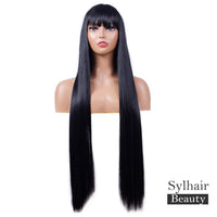 1 x RAW Customer Returns Sylhair Wig Black Long Wig with Bangs 80 cm Smooth Straight Long Wig with Fringes Wigs for Women Long Straight Wigs with Bangs for Women - RRP €29.23