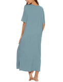 1 x RAW Customer Returns BESDEL Women s Nightdress Long Sleeve Nightgown, Casual Cotton Nightwear Henley Sleep Dress Full Length Gray Blue XXL - RRP €29.99