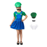 1 x RAW Customer Returns Kids Girls Cosplay Super Bros Costume Green, Party Fancy Dress Costume Jumpsuit Set with Moustache Cap Gloves for Halloween Christmas S - RRP €26.99