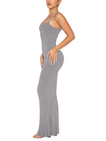 1 x RAW Customer Returns REORIA Sexy Lounge Maxi Dress Women Slip Elegant Sleeveless Ribbed Bodycon Maxi Dress for Wedding Guest Light Grey S - RRP €34.86