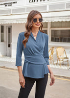 1 x Brand New GRACE KARIN Women s Elegant Tops 3 4 Sleeve V-Neck Top Plain Slim Fit Business Top Tunic Blouse with Decorative Belt Gray Blue 2XL - RRP €40.32