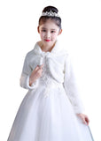 1 x RAW Customer Returns Ommda Faux Fur Cardigan Jackets for Girls Flower Girls Princess Bolero Faux Fur Cape with Long Sleeve, White, M 6-8 years  - RRP €28.22