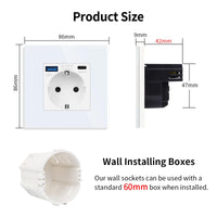 1 x RAW Customer Returns JIMEIDA single socket with USB in white, 16Amp glass Schuko sockets with fast charging USB connection and type C port max.3.1A, flush-mounted protective contact wall socket-86mm, 250V, 1 compartment - RRP €15.99