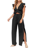 1 x RAW Customer Returns FANCYINN Jumpsuit Women s Two-Piece 2 Piece Crop Top Sexy V-Neck Pants with Side Slit Drawstring Summer Beach Holiday Casual Outfits Black M - RRP €33.25